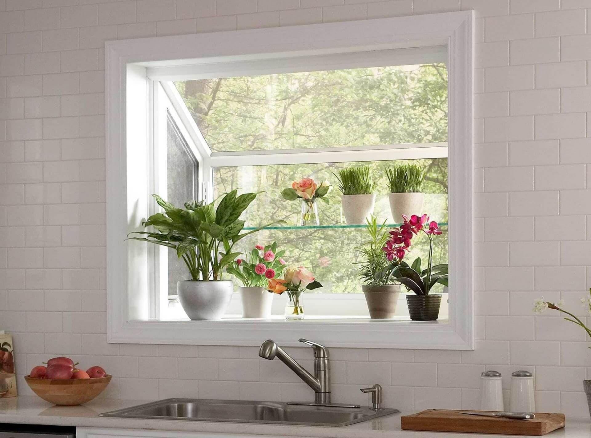 Kitchen window with glass shelves displaying potted flowers including roses and orchids, overlooking trees outside, above a stainless steel sink