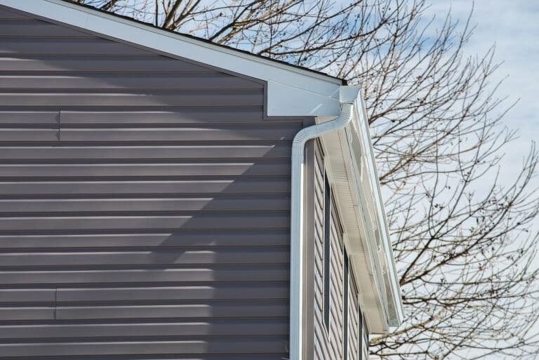 Metal roof edge with white guttering and downspout on residential home, bare tree branches visible above