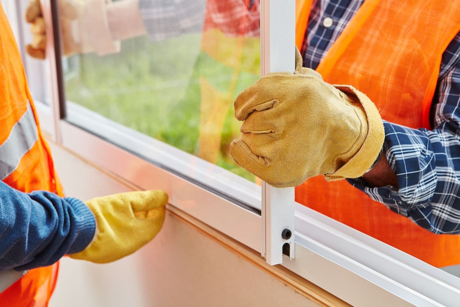 Worker in orange safety vest and yellow gloves cleaning a window frame with a cloth