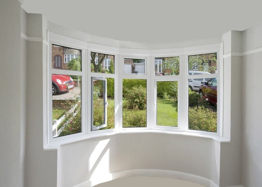 Bay window with white frames showing view of overgrown garden, parked cars, and residential street outside