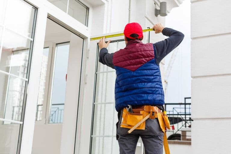 Construction worker measuring doorframe height with tape measure while wearing safety gear and tool belt contractor